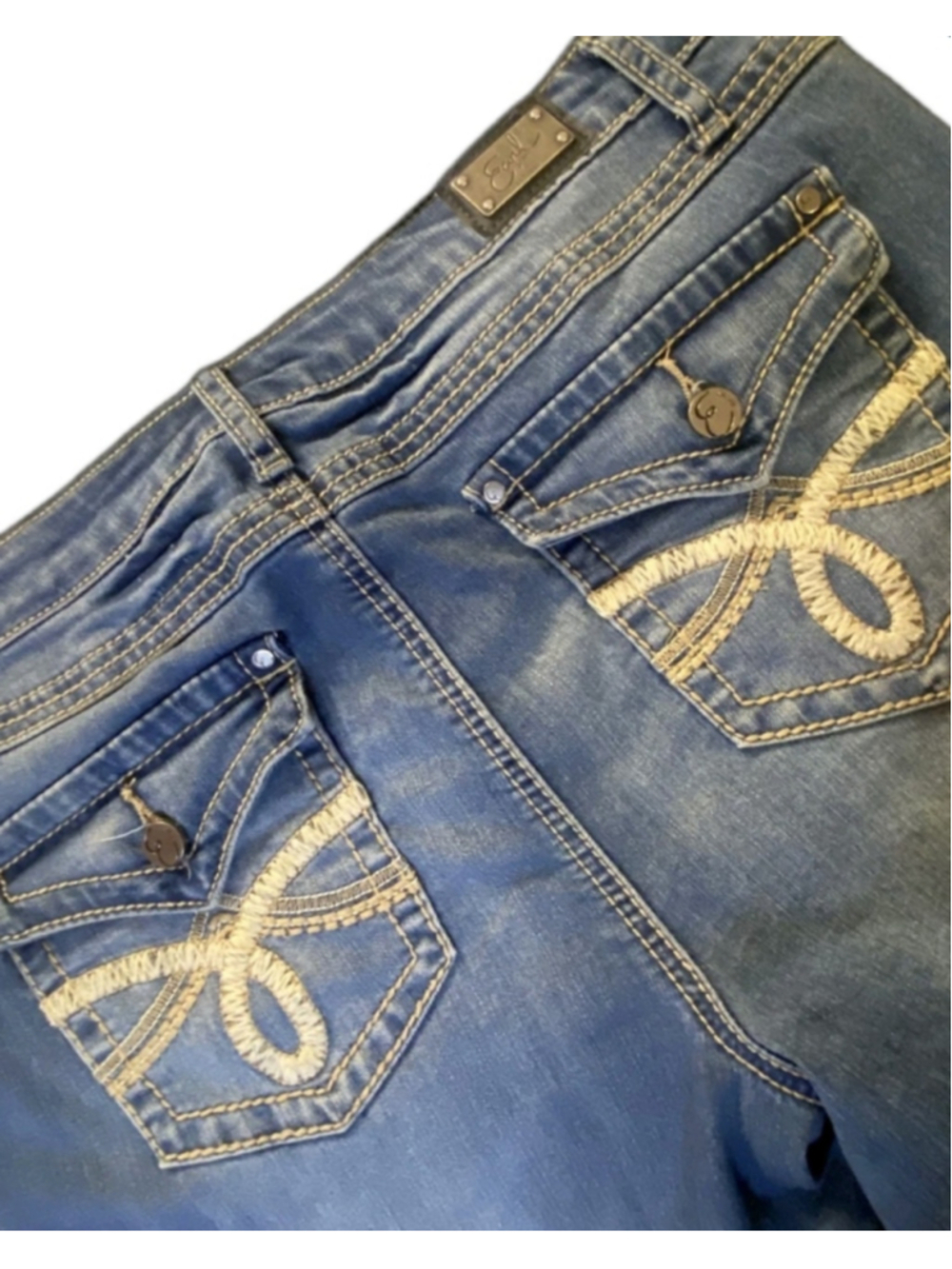 Earl Bootcut Jeans Womens 14 Short Blue Y2K Embroidered Flap Pocket Stretch